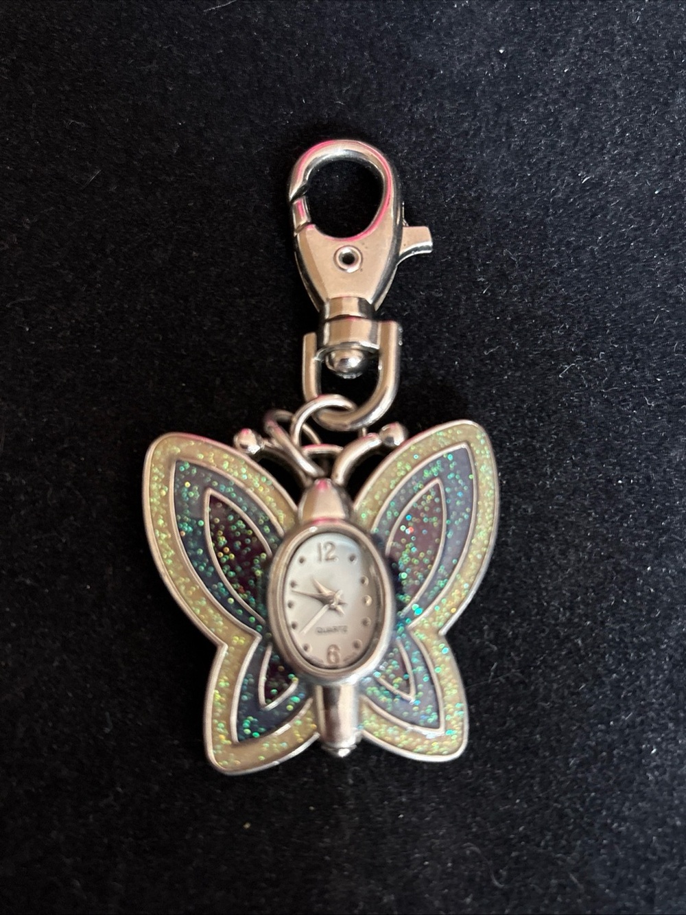 Glitter Green Butterfly Clip-On Keychain Charm with Watch